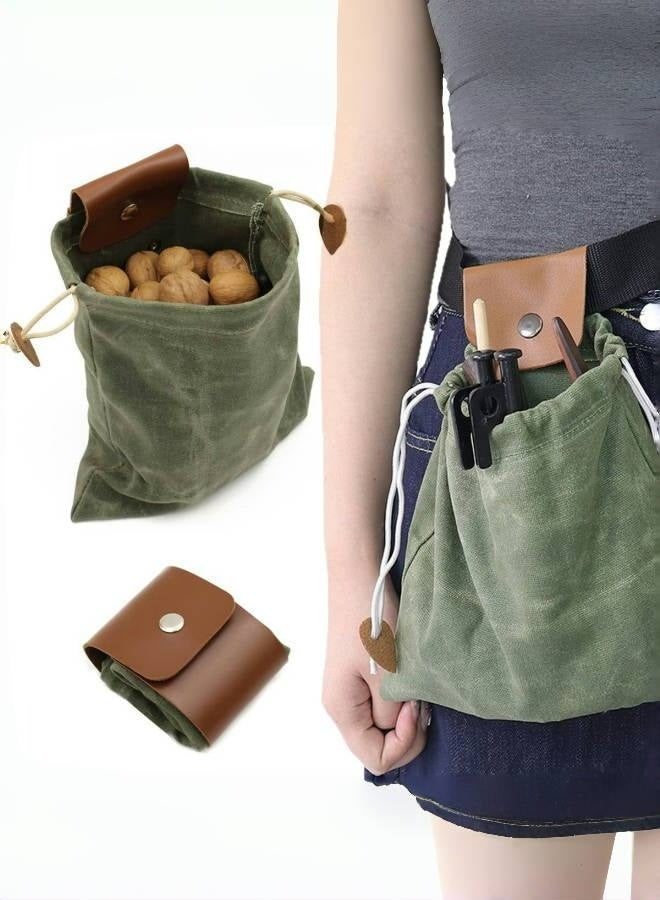 Waxed Canvas  Leather Foraging Pouch | Waterproof Collapsible Belt Bag for Mushroom Picking, Bushcraft  Hiking | Drawstring Buckle Waist Pack with Detachable Straps - Image 1